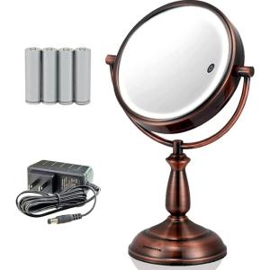 imageOvente 75quot Lighted Tabletop Vanity Makeup Mirror 1X ampamp 7X Magnifier Spinning Double Sided Round LED 3 Tone Smart Touch Auto Shut Off Timer Battery ampamp AC Plug Operated Nickel Brushed MPT75BR1X7XAntique Copper