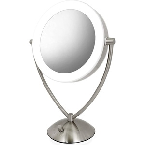 image:imageOVENTE 95 Lighted Tabletop Makeup Mirror 1X amp 10X Magnifier Adjustable Double Sided Round LED Dimmer Switch Battery amp USB Powered Ideal for Bedroom amp Vanity Nickel Brushed MLT45BR1X10XNickel Brushed