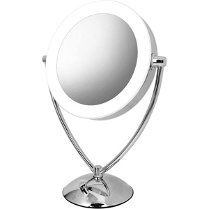 image:imageOVENTE 95 Lighted Tabletop Makeup Mirror 1X amp 10X Magnifier Adjustable Double Sided Round LED Dimmer Switch Battery amp USB Powered Ideal for Bedroom amp Vanity Nickel Brushed MLT45BR1X10XPolished Chrome